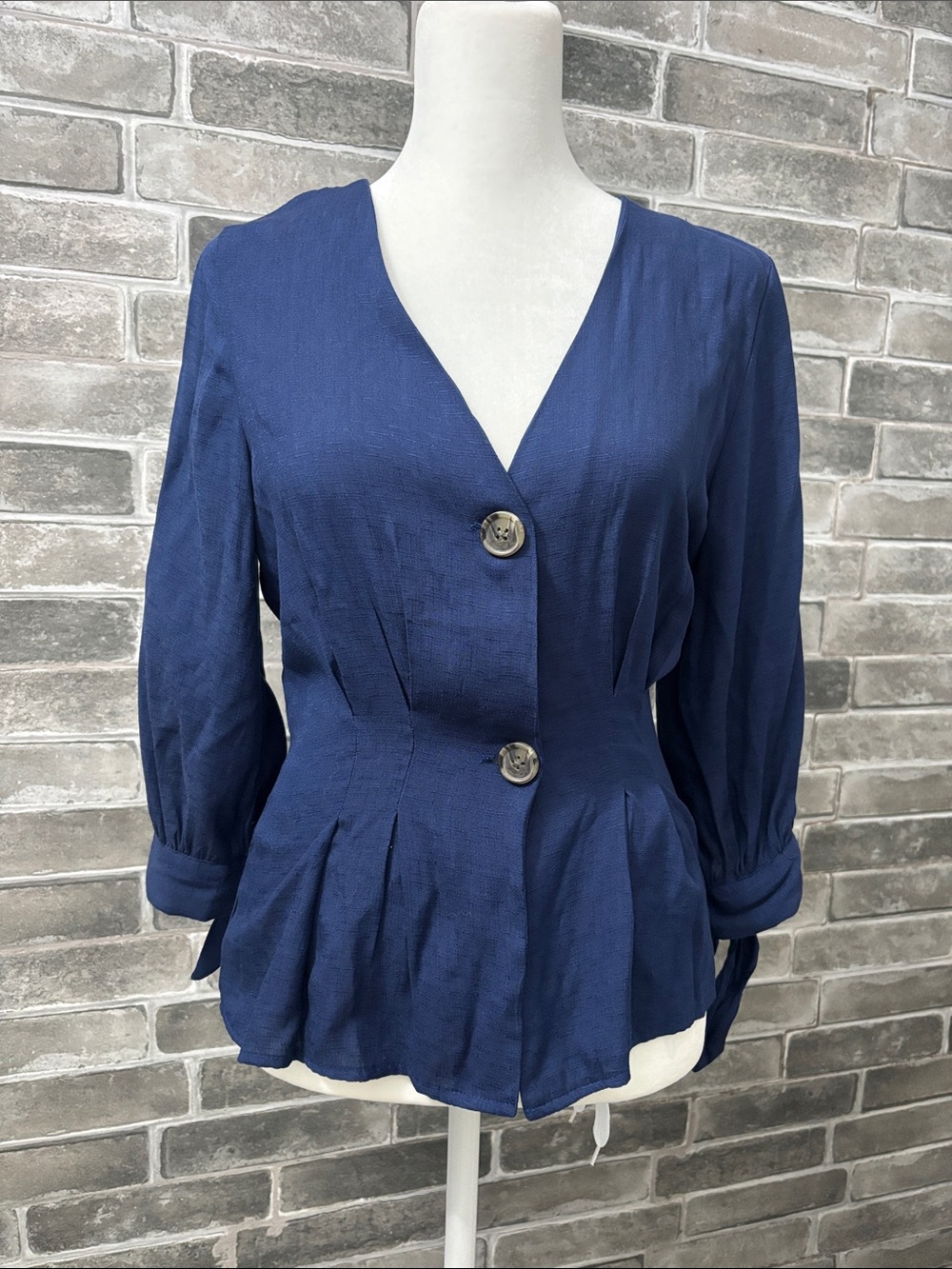 Navy V-Neck Button Front Peplum Blouse